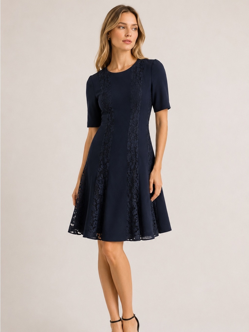Rickie Freeman for Teri Jon Navy Blue Lace Panel A-line Knee Length Dress Size 2